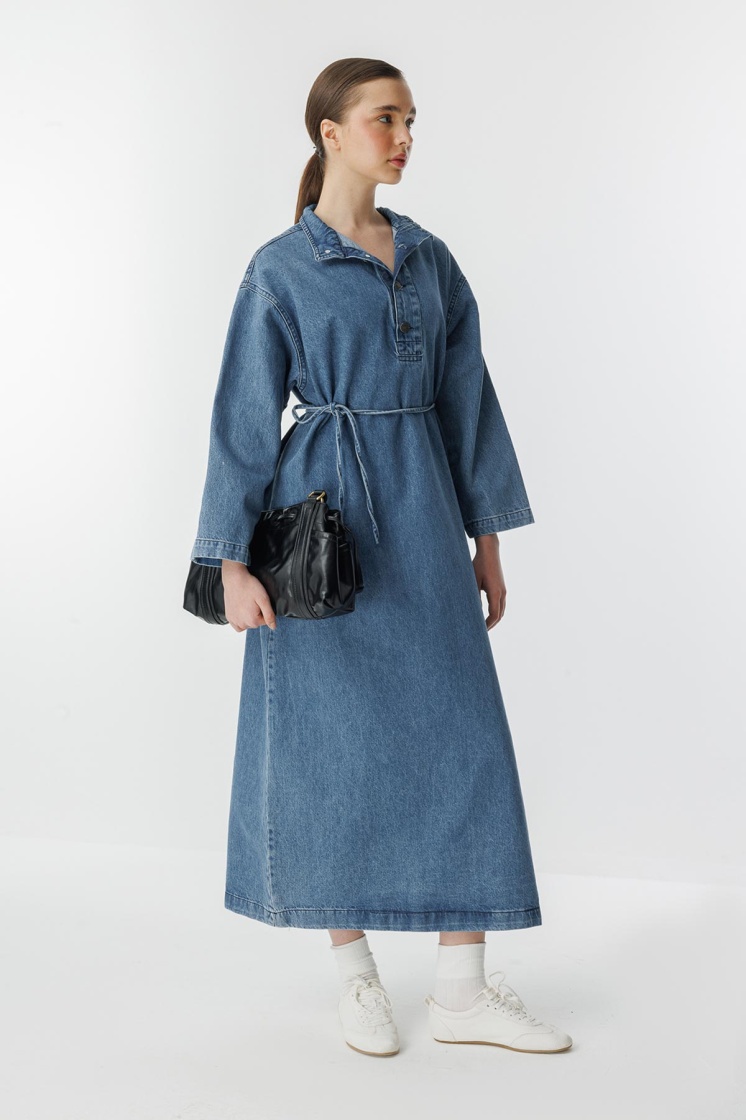 Gina Yaka Detaylı Açık Mavi Denim Elbise - 2