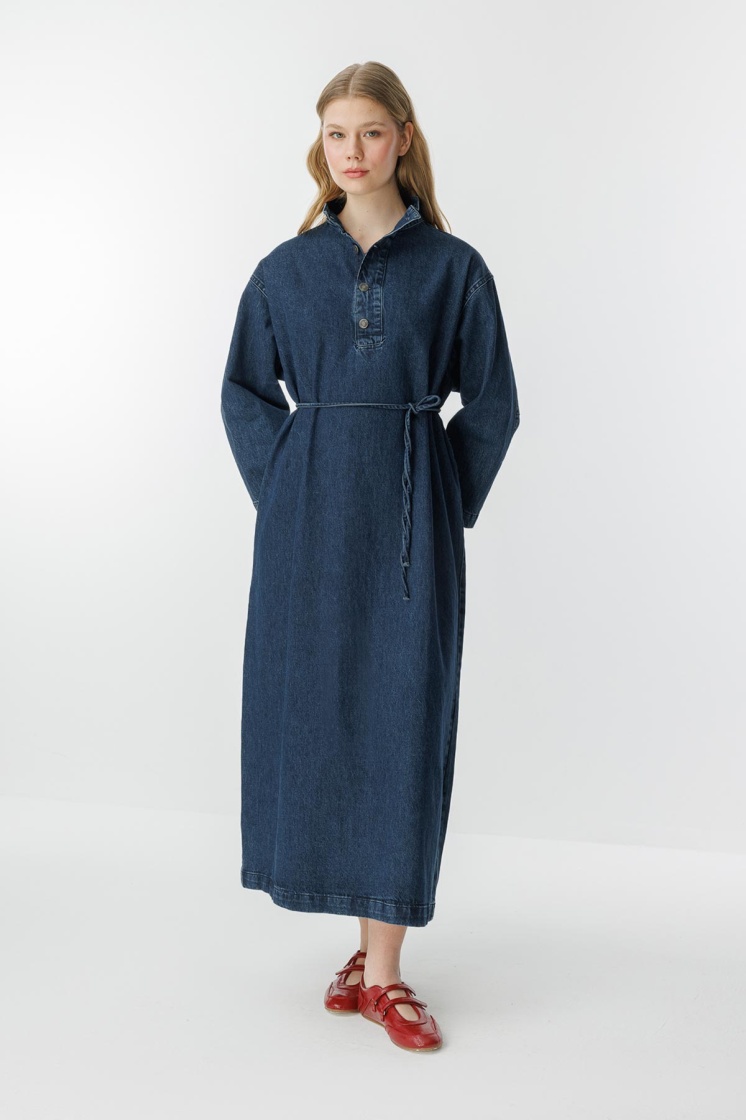 Gina Yaka Detaylı Lacivert Denim Elbise - 3