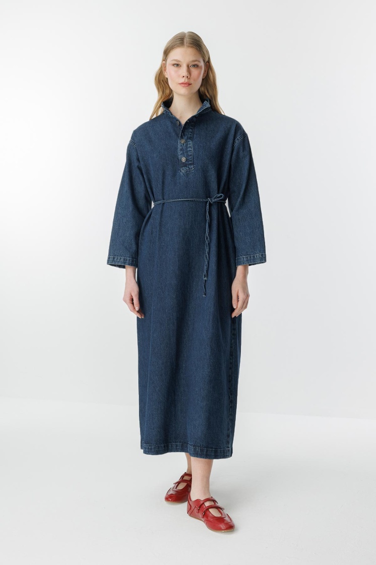 Gina Yaka Detaylı Lacivert Denim Elbise - 2