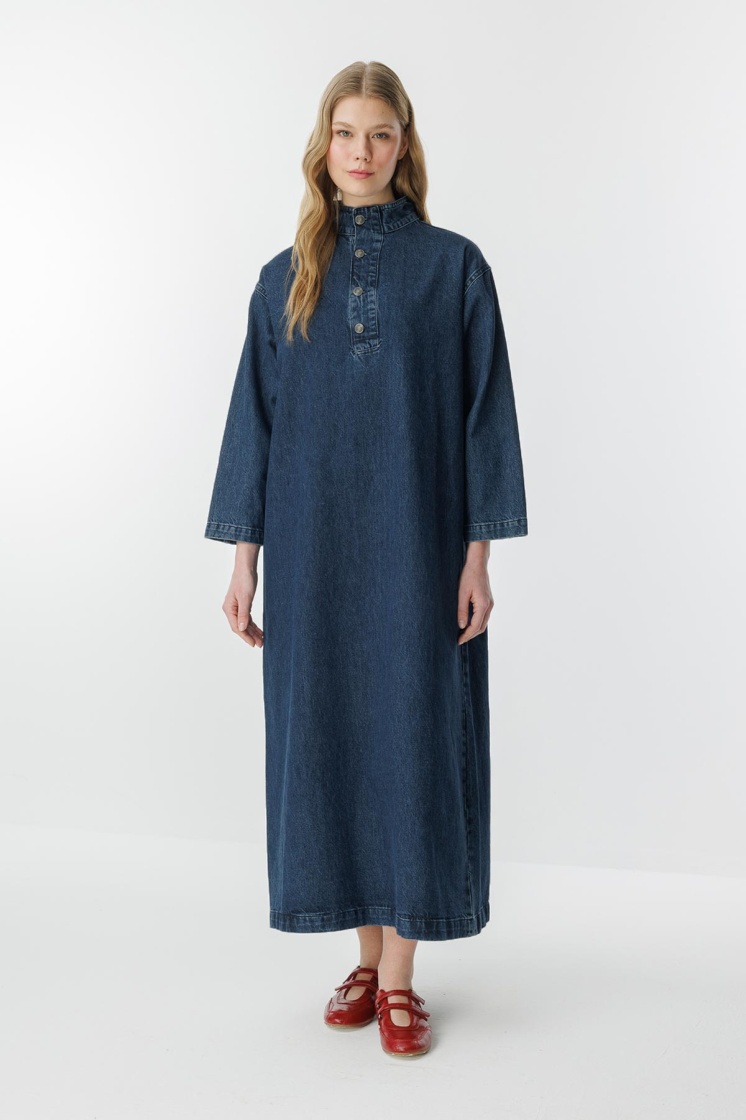 Gina Yaka Detaylı Lacivert Denim Elbise - 5