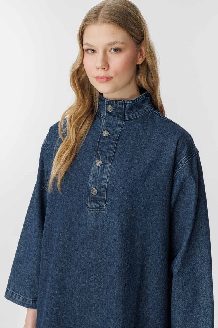 Gina Yaka Detaylı Lacivert Denim Elbise - 4