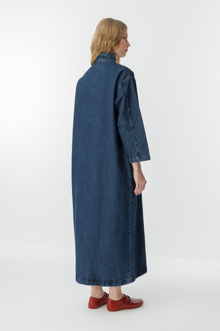 Gina Yaka Detaylı Lacivert Denim Elbise - 7