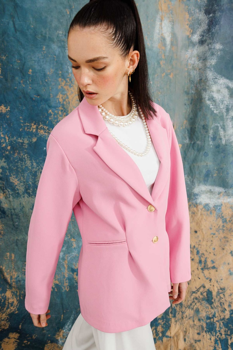 Gold Düğmeli Blazer Pembe Ceket