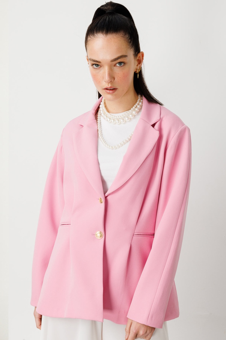 Gold Düğmeli Blazer Pembe Ceket - 6