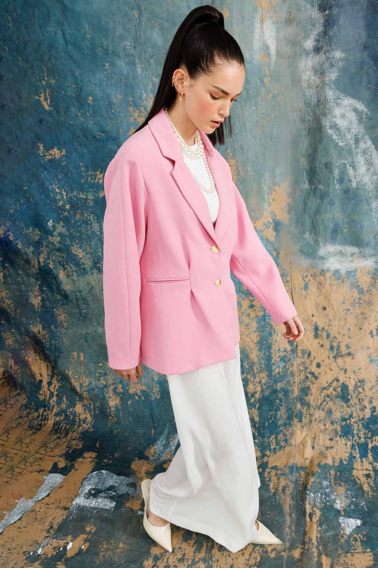 Gold Düğmeli Blazer Pembe Ceket - 5