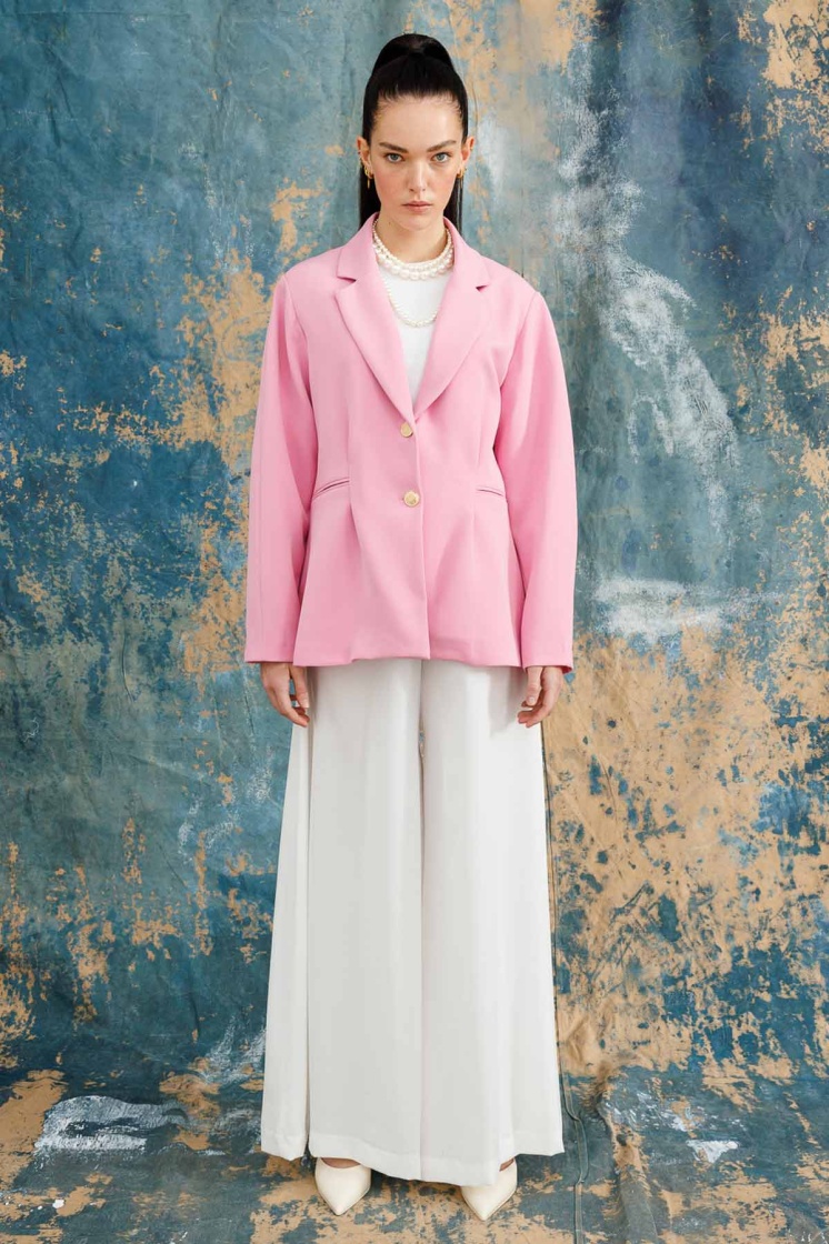 Gold Düğmeli Blazer Pembe Ceket