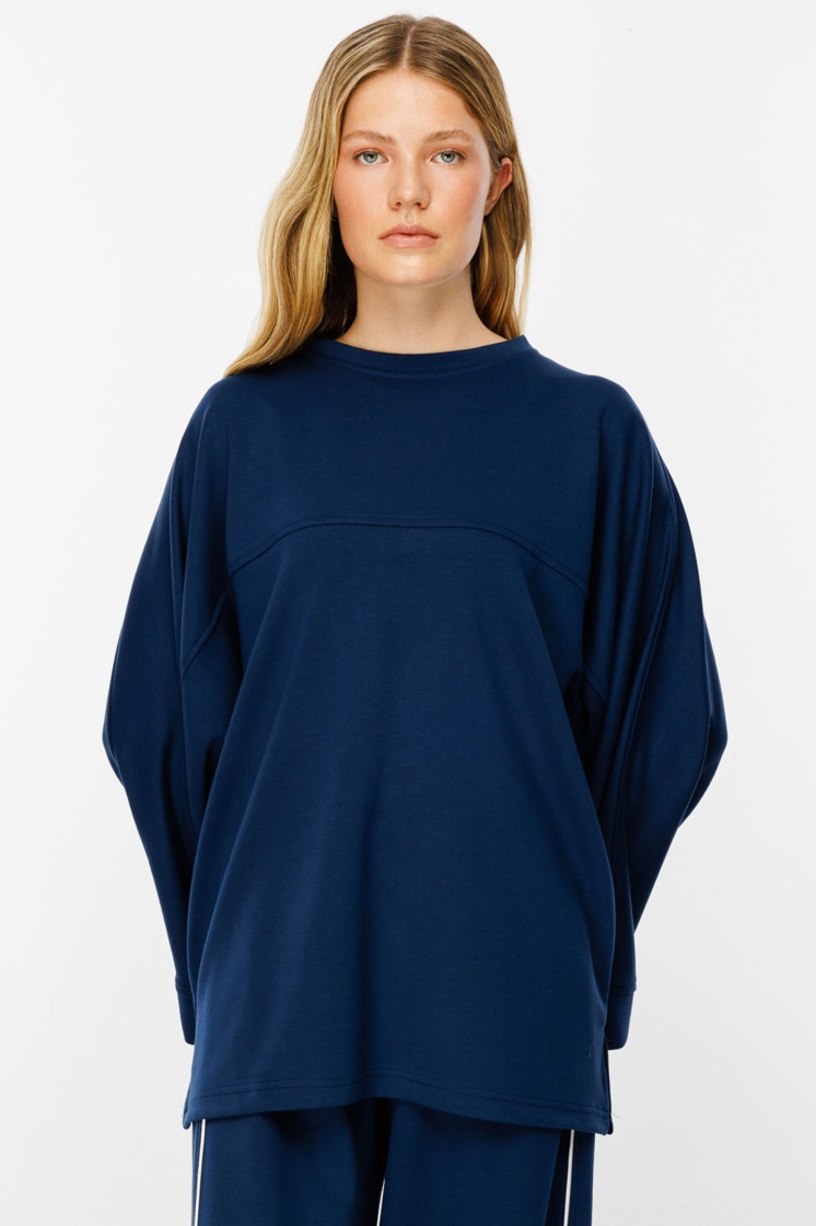 İspanyol Kol Pamuklu Lacivert Sweatshirt