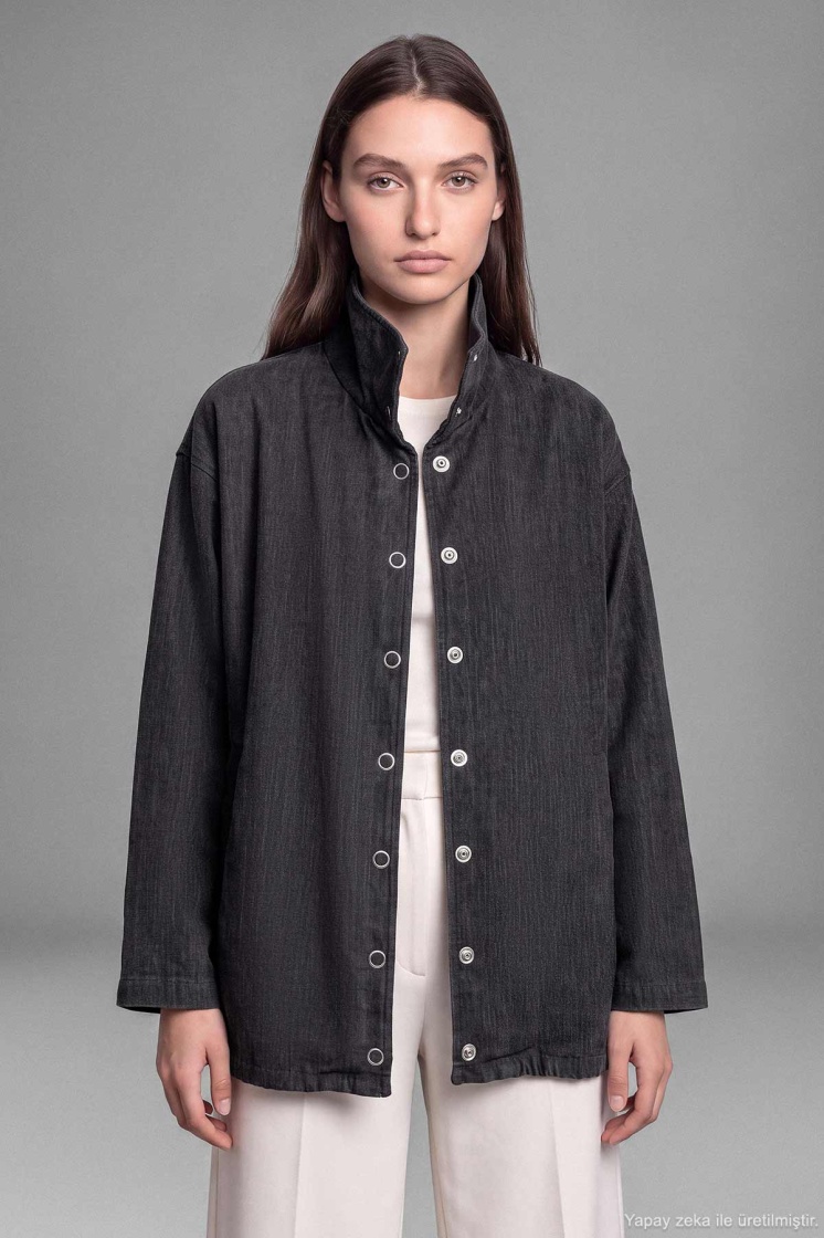 Kadife Dokulu Dik Yaka Çıtçıtlı Oversize Antrasit Ceket