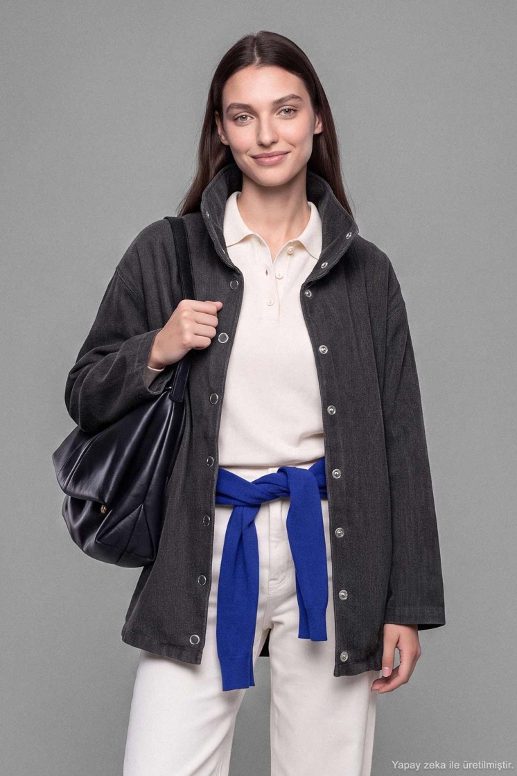Kadife Dokulu Dik Yaka Çıtçıtlı Oversize Antrasit Ceket