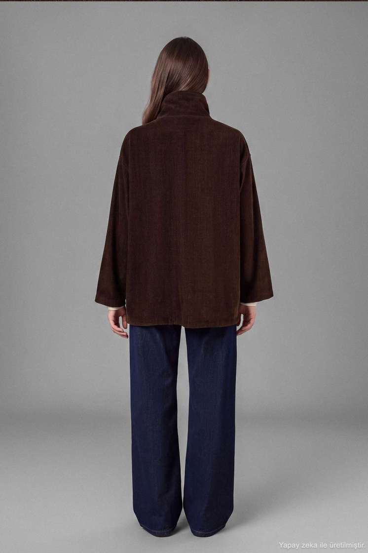 Kadife Dokulu Dik Yaka Çıtçıtlı Oversize Kahve Ceket - 6