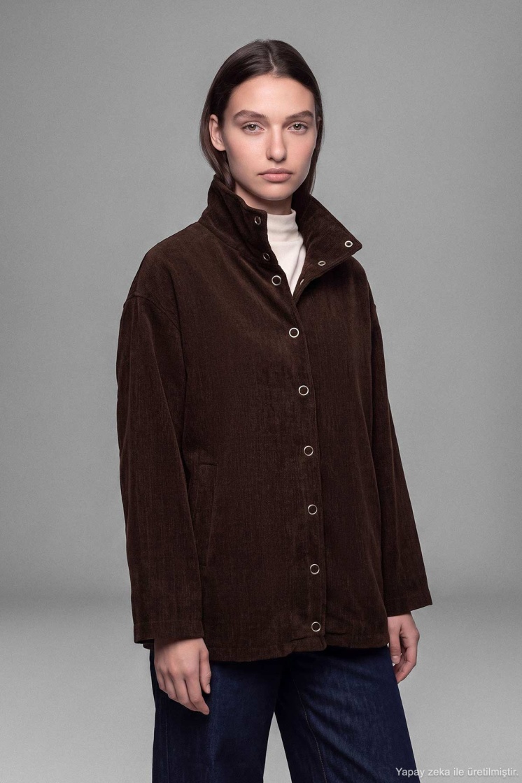 Kadife Dokulu Dik Yaka Çıtçıtlı Oversize Kahve Ceket - 5