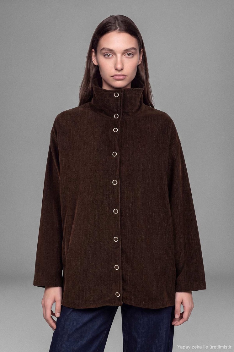 Kadife Dokulu Dik Yaka Çıtçıtlı Oversize Kahve Ceket