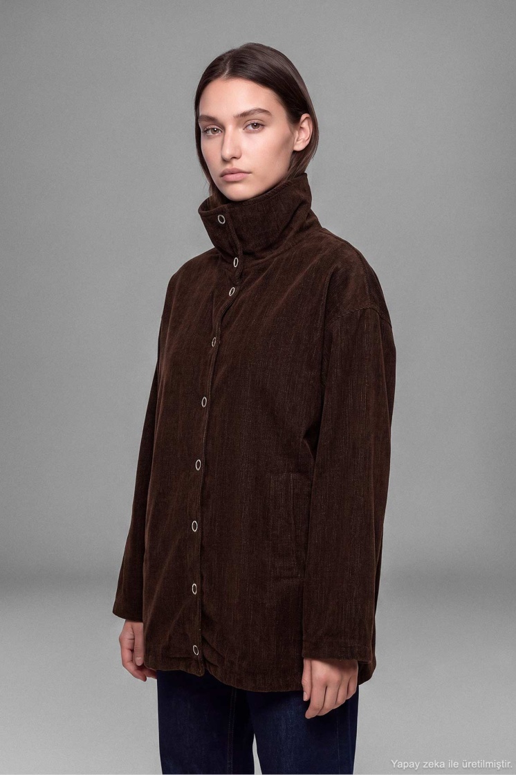 Kadife Dokulu Dik Yaka Çıtçıtlı Oversize Kahve Ceket