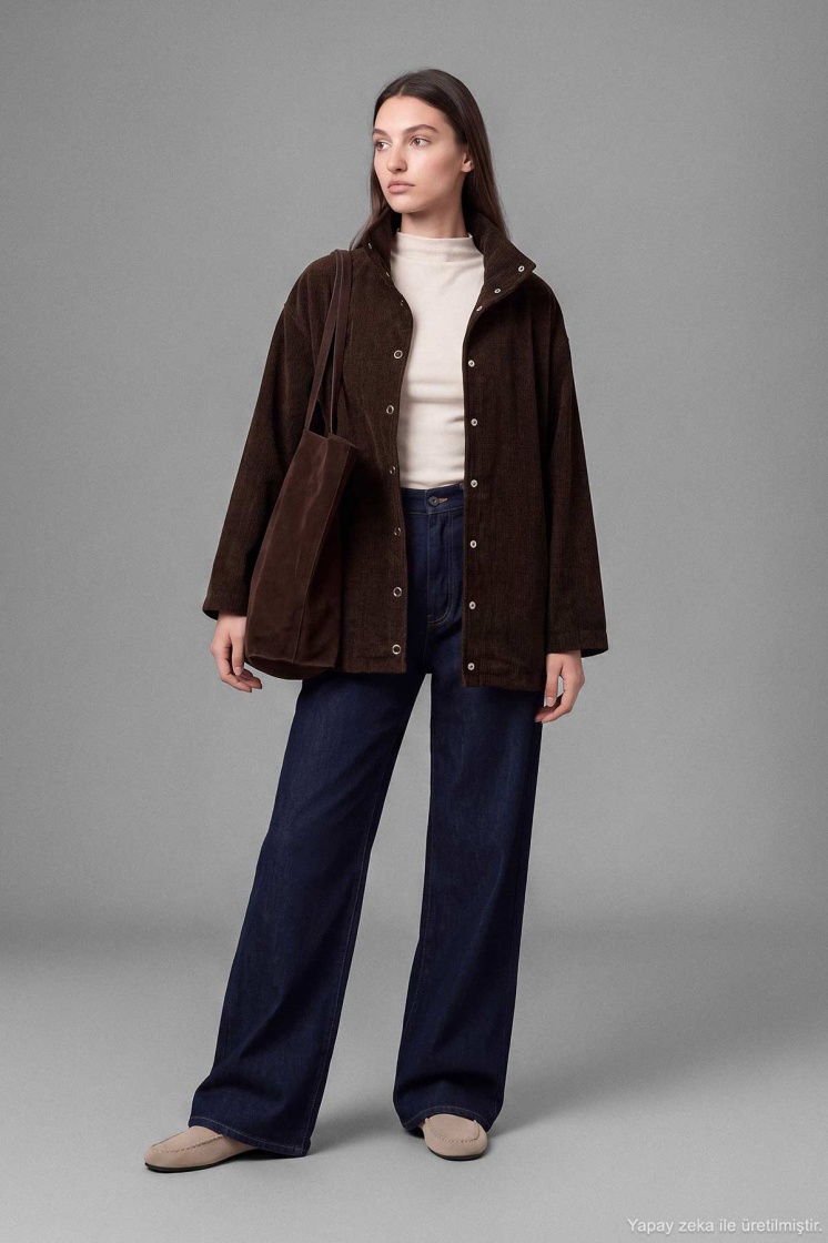 Kadife Dokulu Dik Yaka Çıtçıtlı Oversize Kahve Ceket