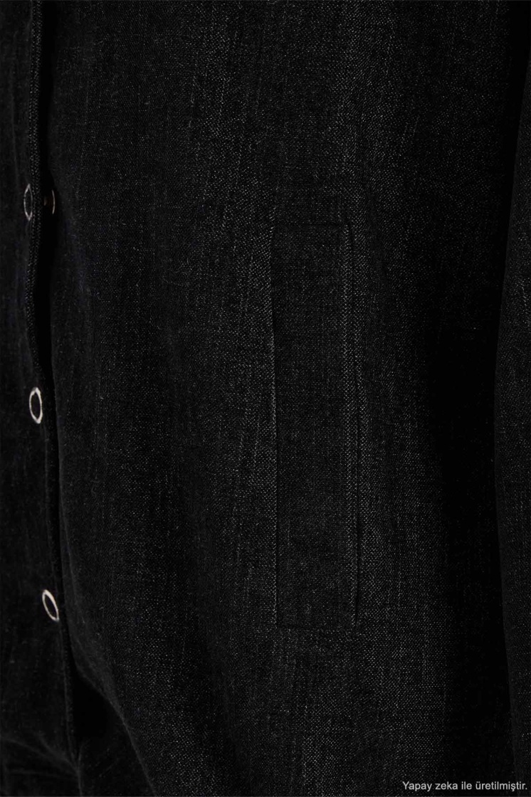 Kadife Dokulu Dik Yaka Çıtçıtlı Oversize Siyah Ceket