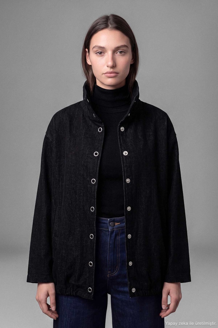 Kadife Dokulu Dik Yaka Çıtçıtlı Oversize Siyah Ceket - 6