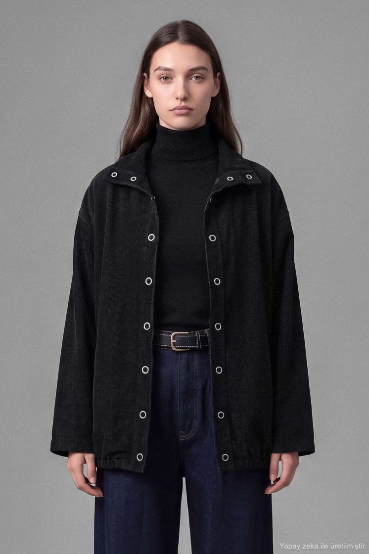 Kadife Dokulu Dik Yaka Çıtçıtlı Oversize Siyah Ceket