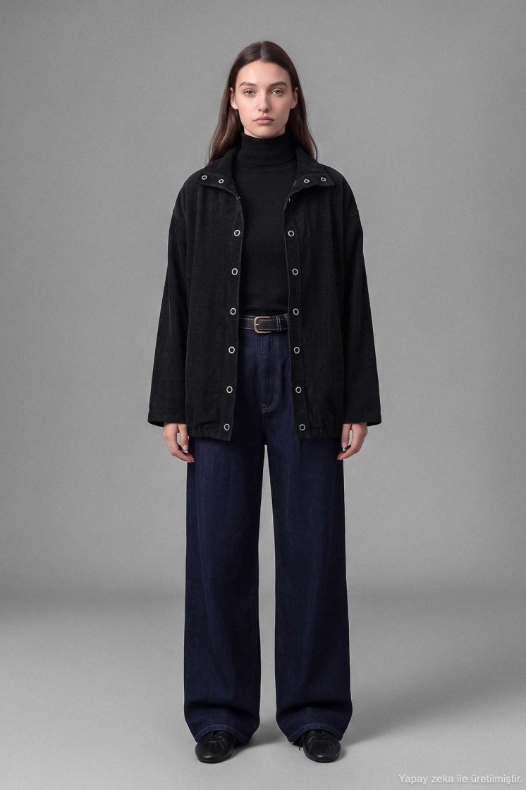 Kadife Dokulu Dik Yaka Çıtçıtlı Oversize Siyah Ceket - 5