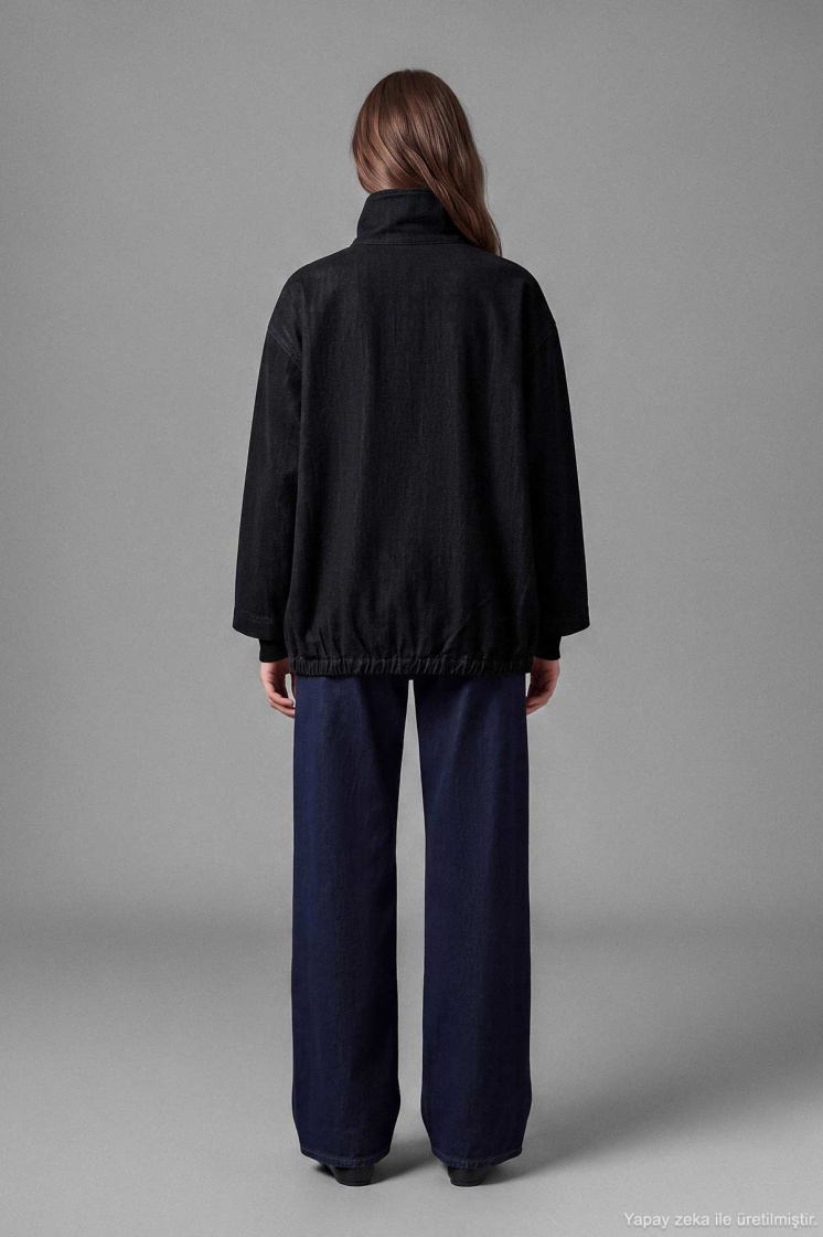 Kadife Dokulu Dik Yaka Çıtçıtlı Oversize Siyah Ceket - 7