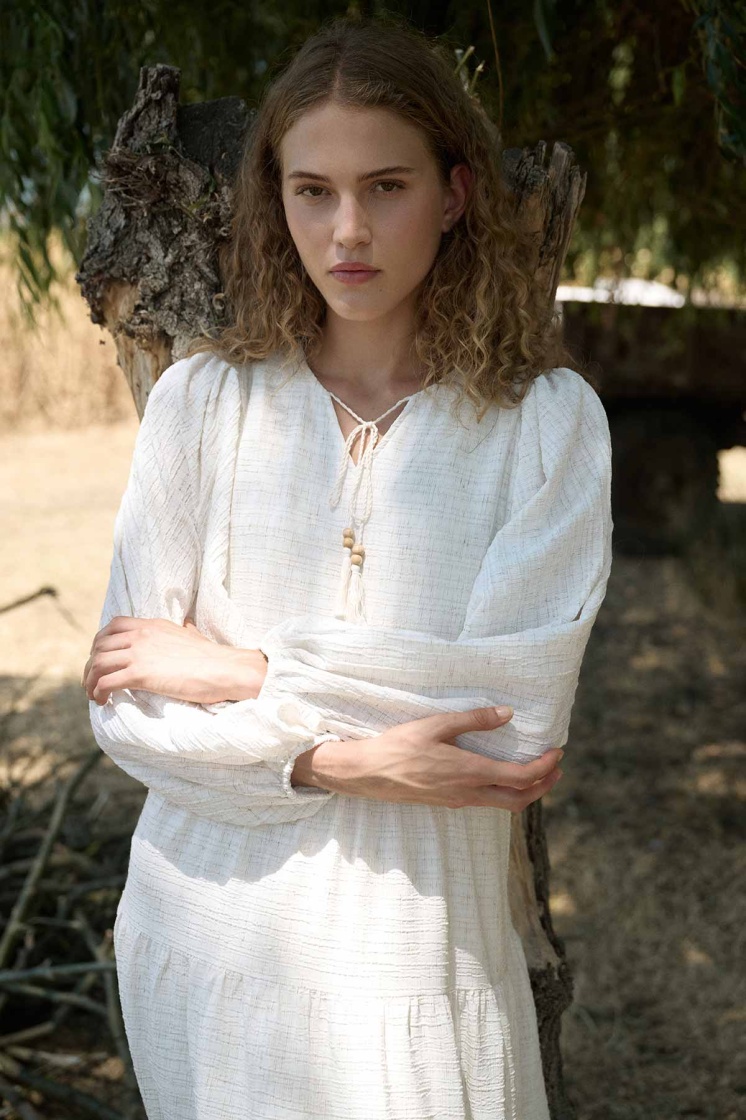Keten Dokulu Basic Naturel Elbise - 5