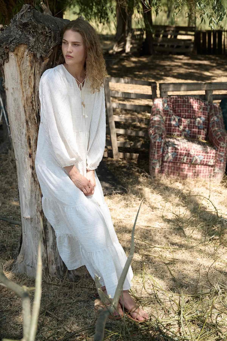 Keten Dokulu Basic Naturel Elbise