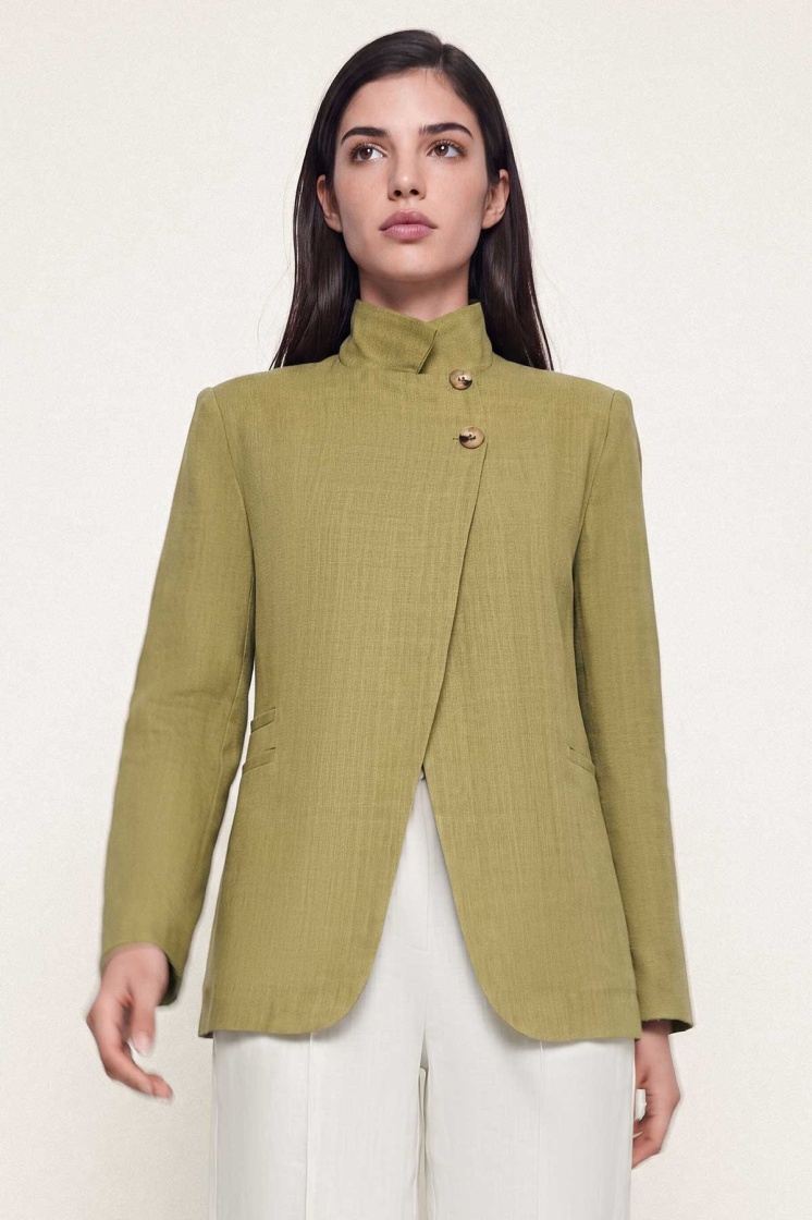 Keten Görünümlü Tek Düğmeli Dik Yaka Ada Çayı Blazer Ceket