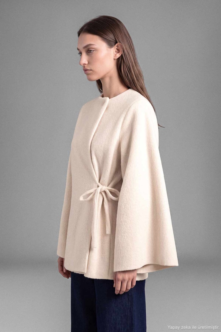 Kimono Bağlama Detaylı Bej Kaban - 5
