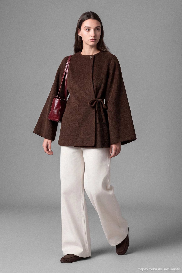 Kimono Bağlama Detaylı Kahve Kaban
