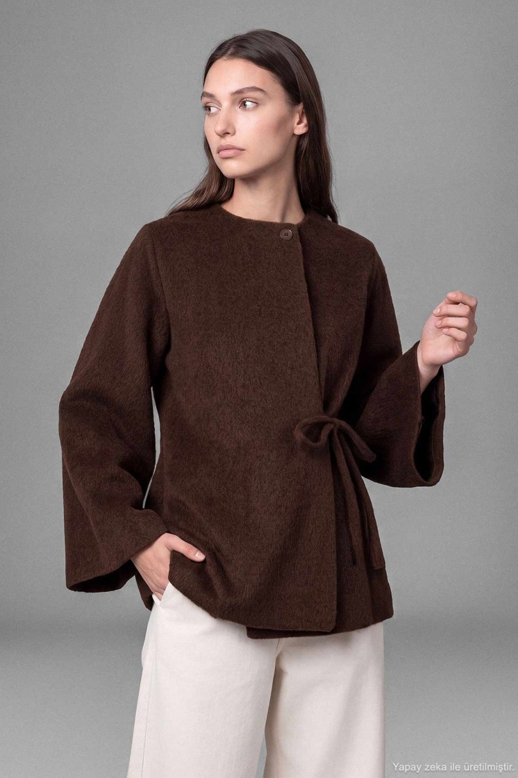 Kimono Bağlama Detaylı Kahve Kaban