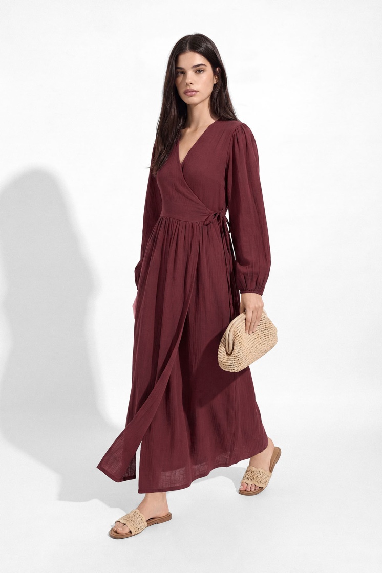 Kimono Kapama Uzun Müslin Bordo Elbise
