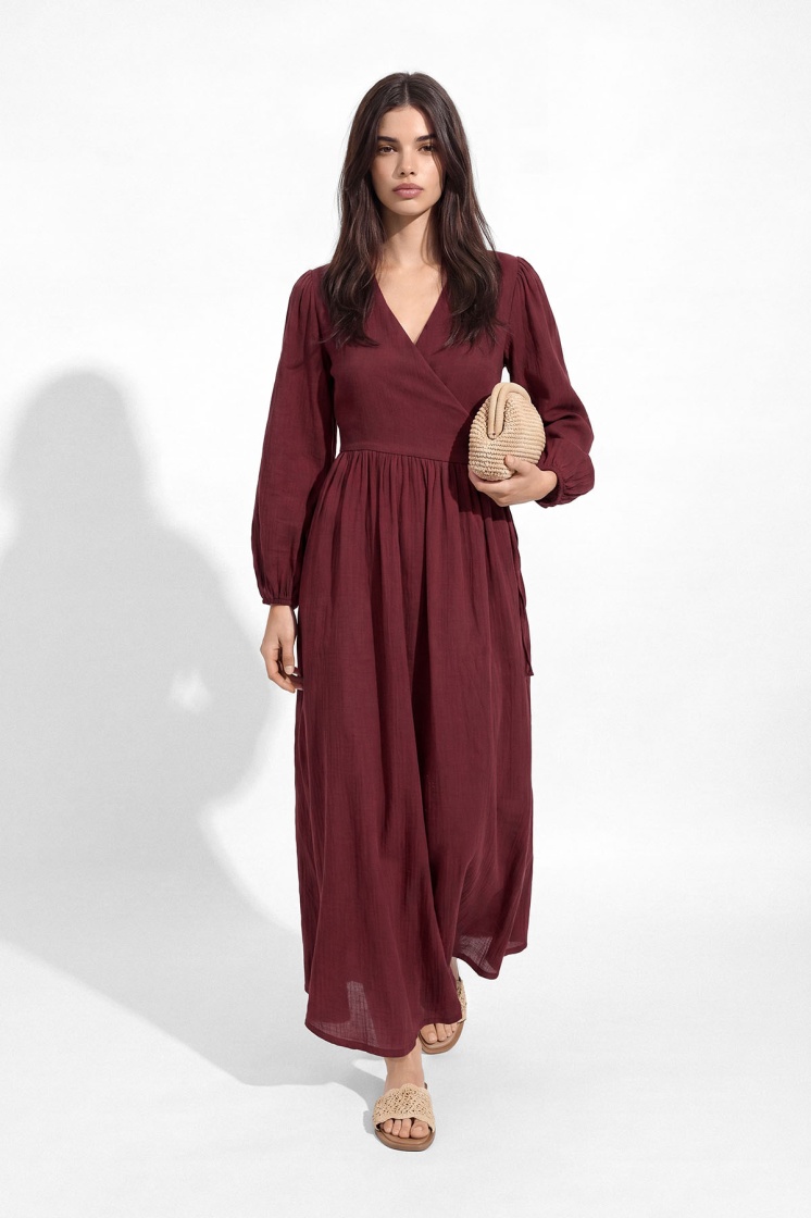 Kimono Kapama Uzun Müslin Bordo Elbise