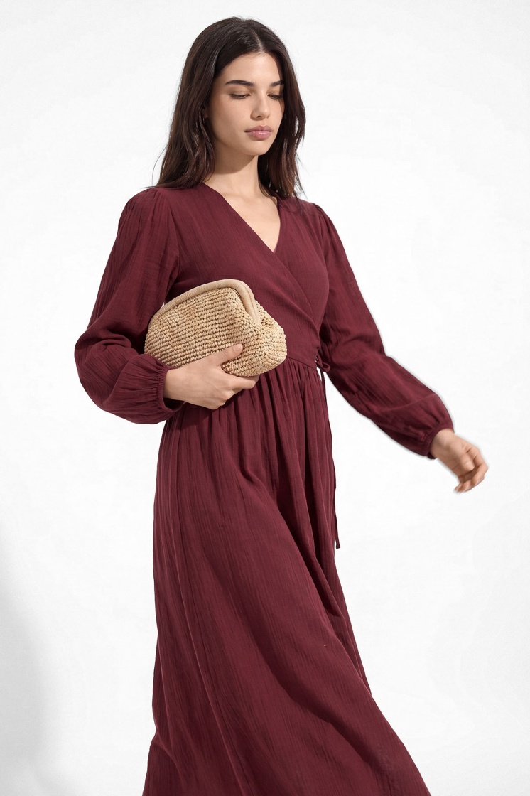 Kimono Kapama Uzun Müslin Bordo Elbise - 5