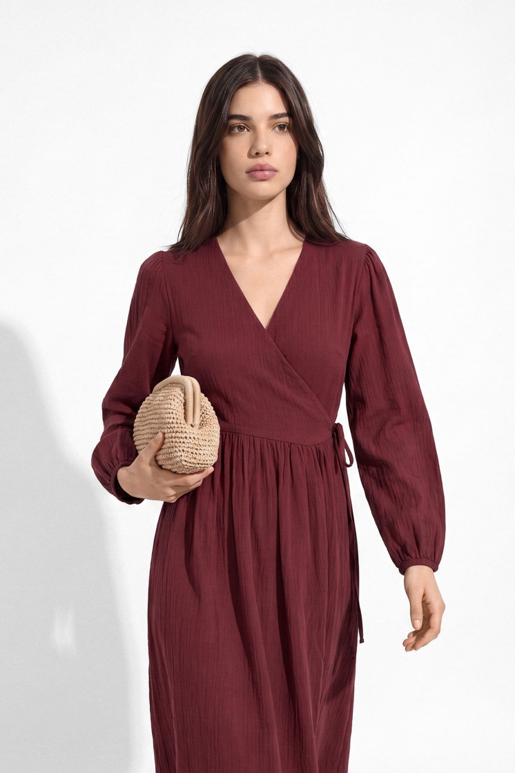 Kimono Kapama Uzun Müslin Bordo Elbise