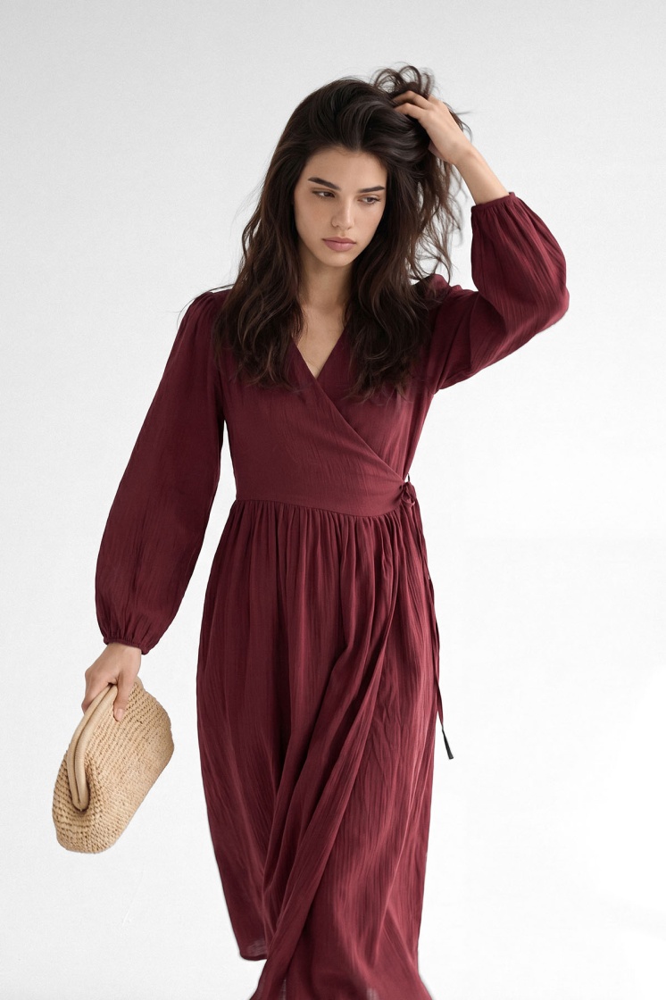 Kimono Kapama Uzun Müslin Bordo Elbise - 6