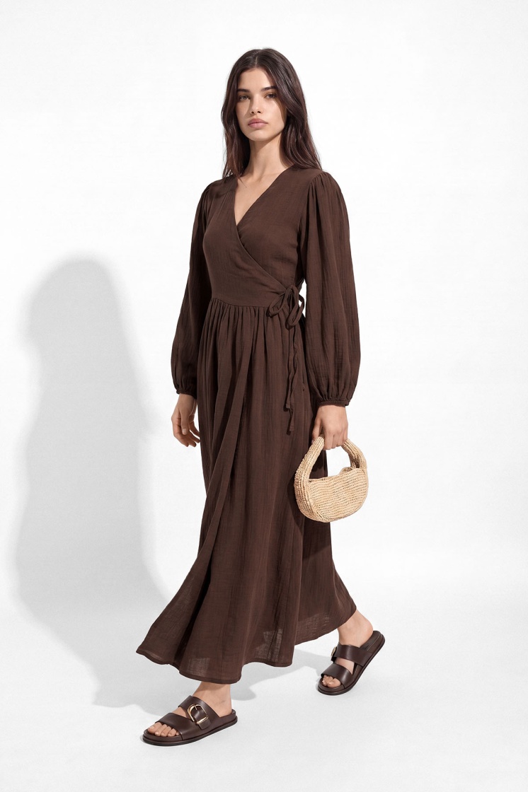 Kimono Kapama Uzun Müslin Çikolata Elbise