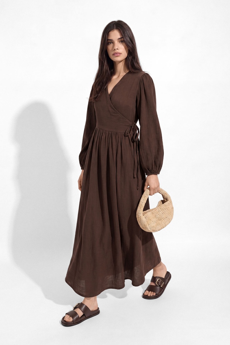 Kimono Kapama Uzun Müslin Çikolata Elbise
