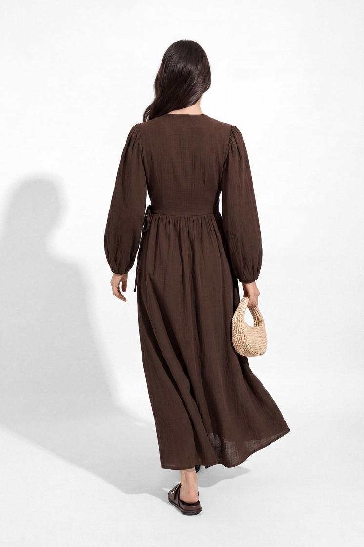 Kimono Kapama Uzun Müslin Çikolata Elbise - 5