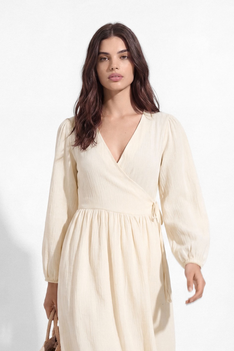 Kimono Kapama Uzun Müslin Ekru Elbise - 5