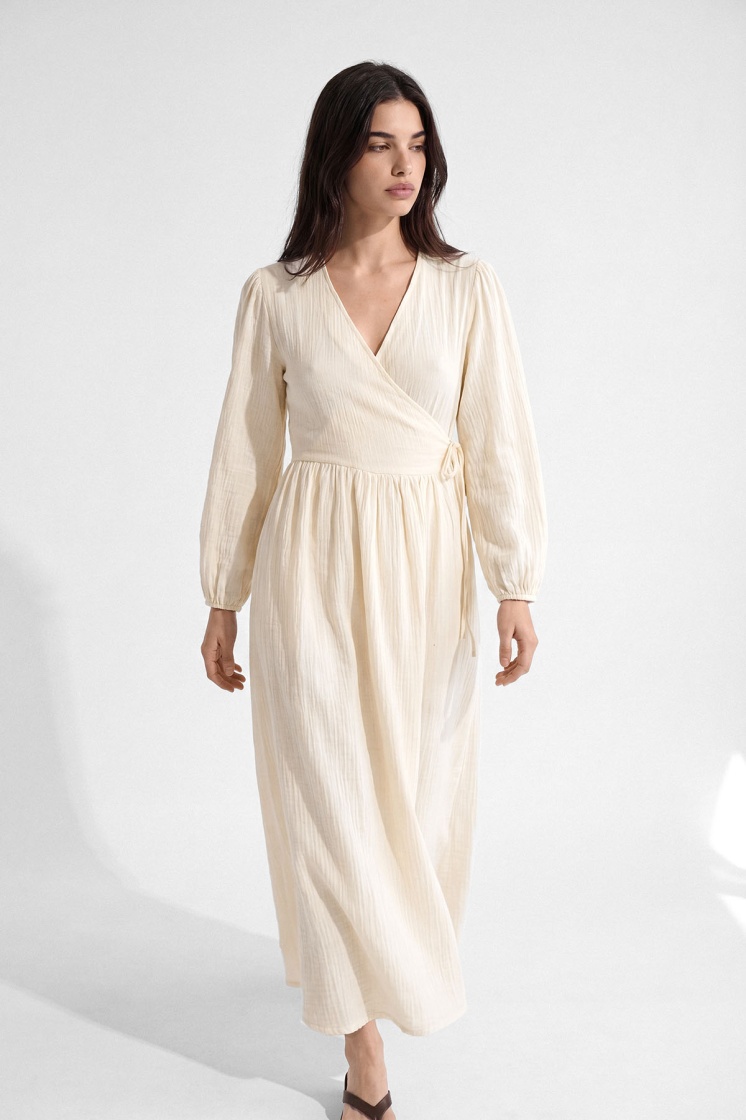 Kimono Kapama Uzun Müslin Ekru Elbise