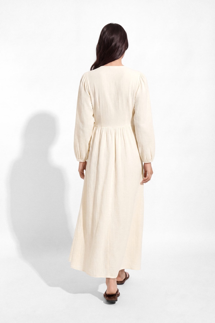 Kimono Kapama Uzun Müslin Ekru Elbise - 6