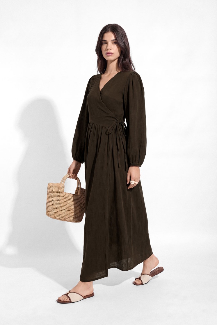 Kimono Kapama Uzun Müslin Kahve Elbise