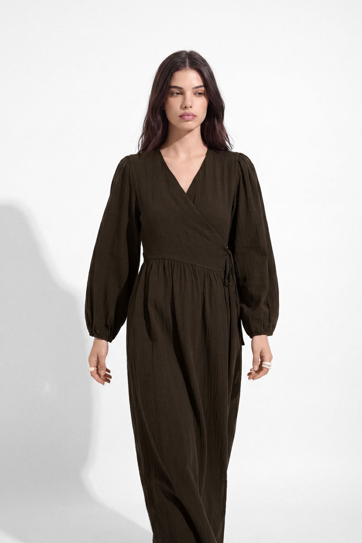 Kimono Kapama Uzun Müslin Kahve Elbise