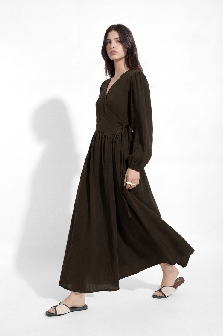 Kimono Kapama Uzun Müslin Kahve Elbise