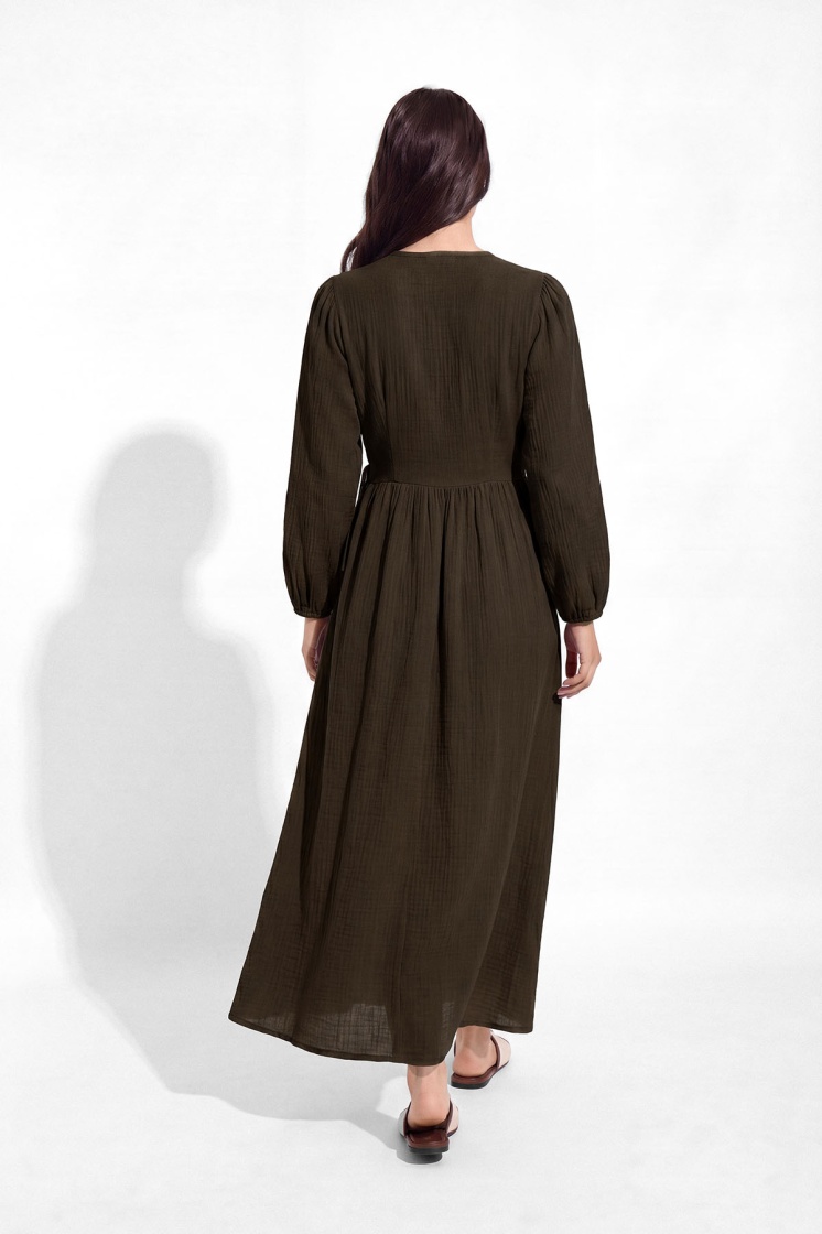 Kimono Kapama Uzun Müslin Kahve Elbise - 5