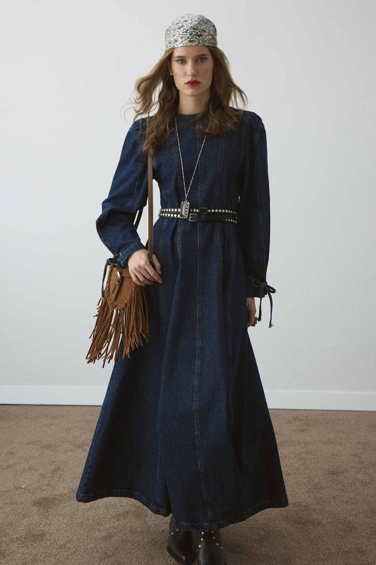 Kolları Bağcıklı Dikiş Detaylı Denim Lacivert Elbise