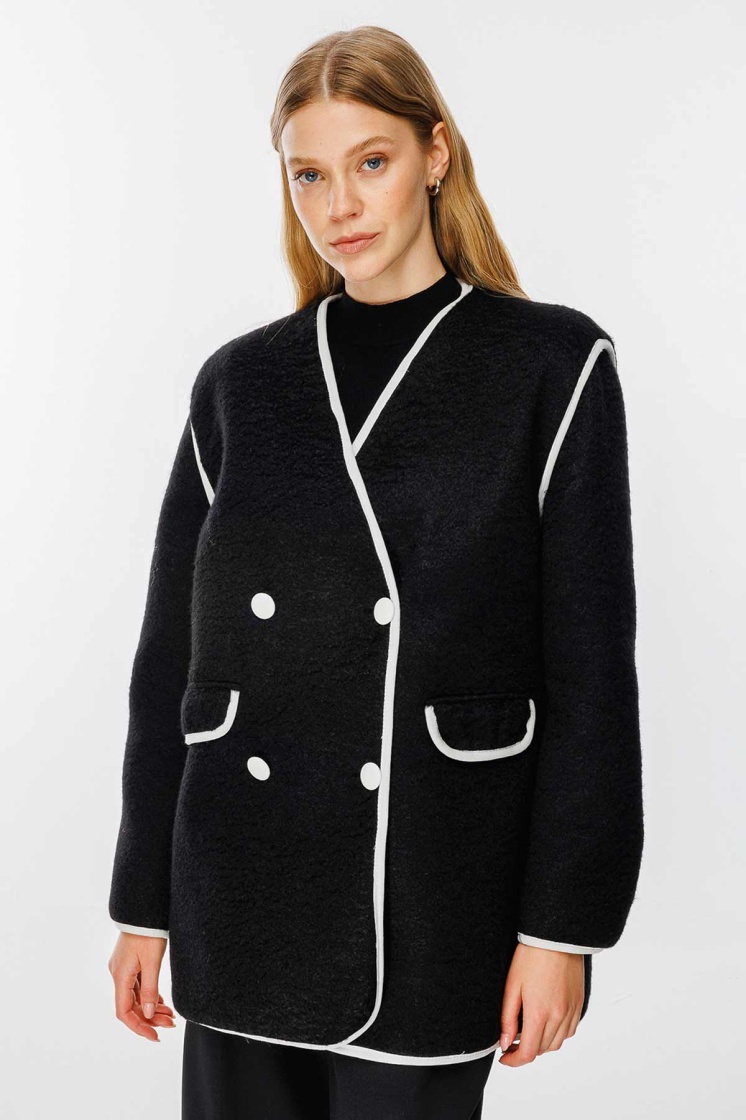 Kontrast Biye Detaylı Kaşe Siyah Blazer Ceket