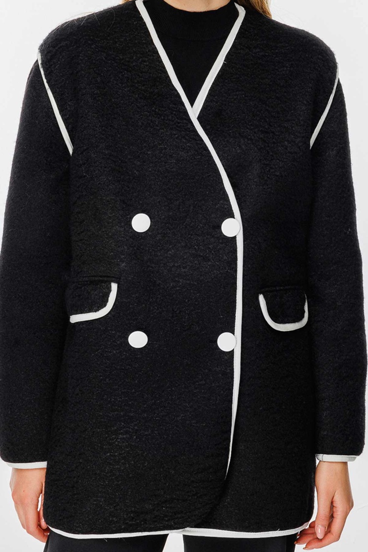 Kontrast Biye Detaylı Kaşe Siyah Blazer Ceket - 6