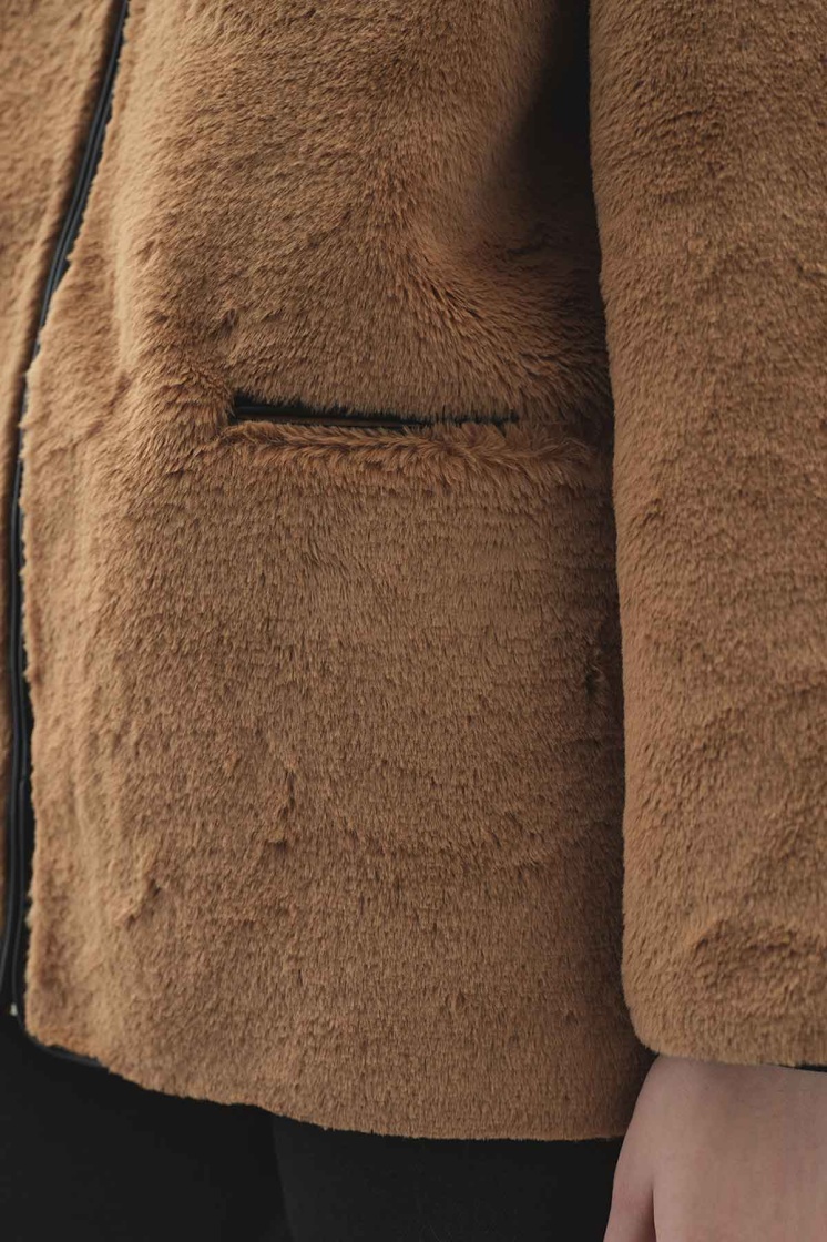 Kontrast Deri Biyeli Pelüş Camel Mont - 6