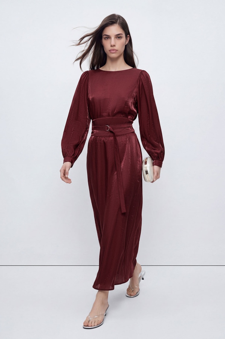 Kuşaklı Saten Dokulu Uzun Bordo Elbise - 5