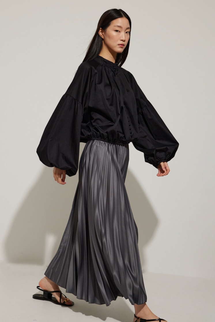 Önden Düğmeli Siyah Crop Poplin Gömlek